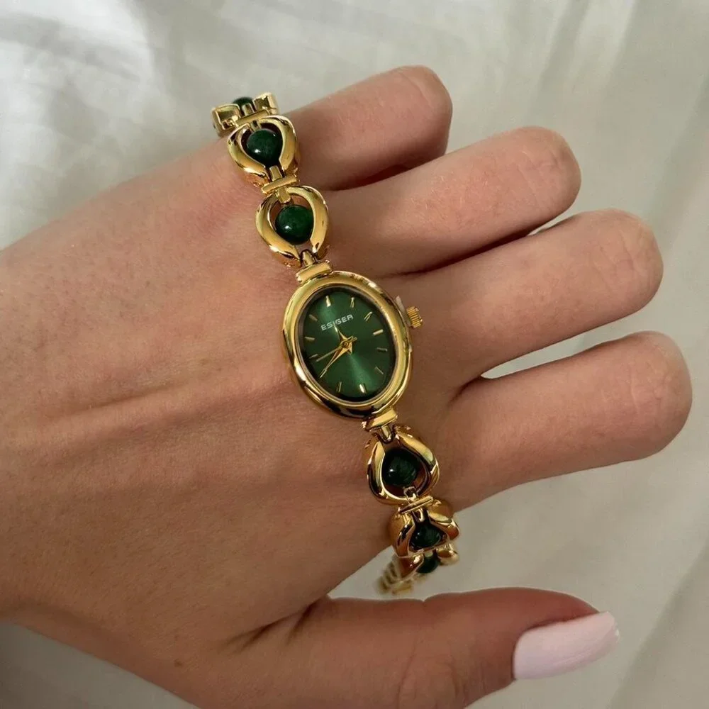 Sku0344 Retro Gold Green Gemstone Women Minimalist Oval Watch Bracelet +gift bag